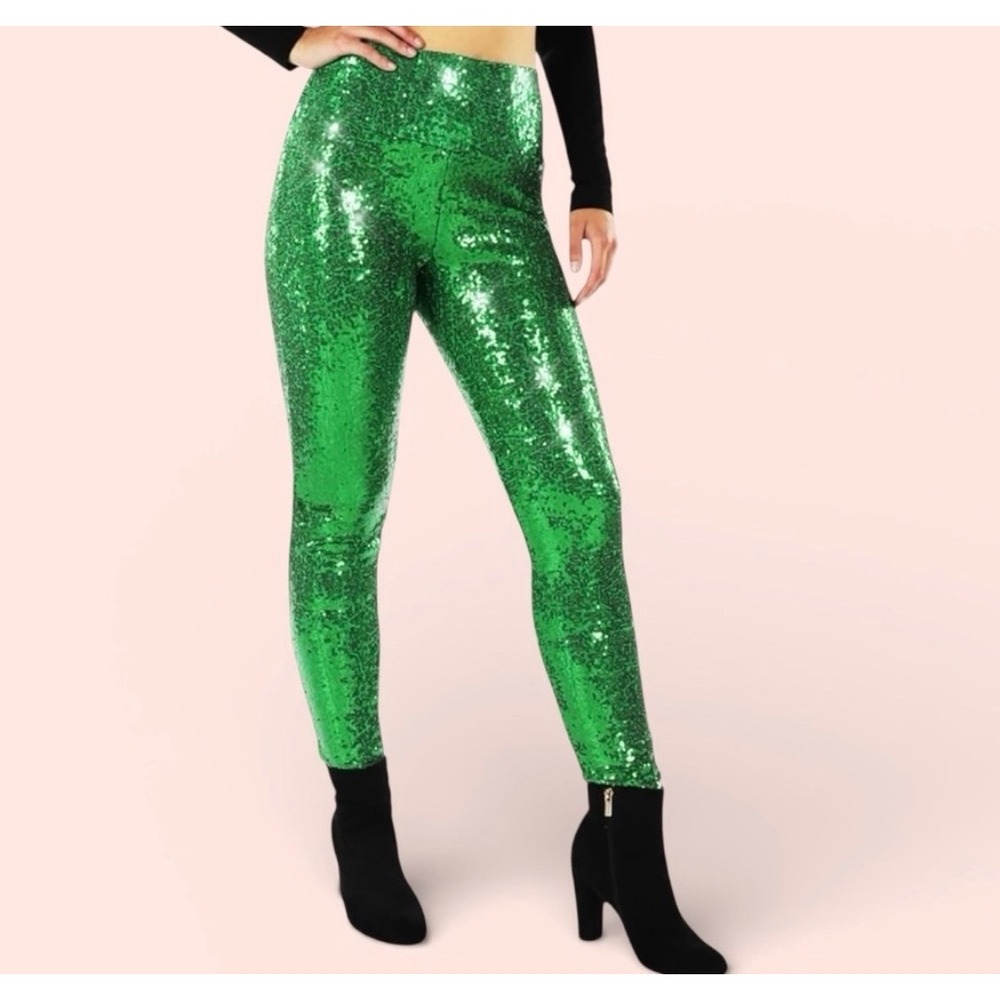 NEW Tipsy Elves Sparkling Green Sequin High‎ Waisted Skinny Pants - L